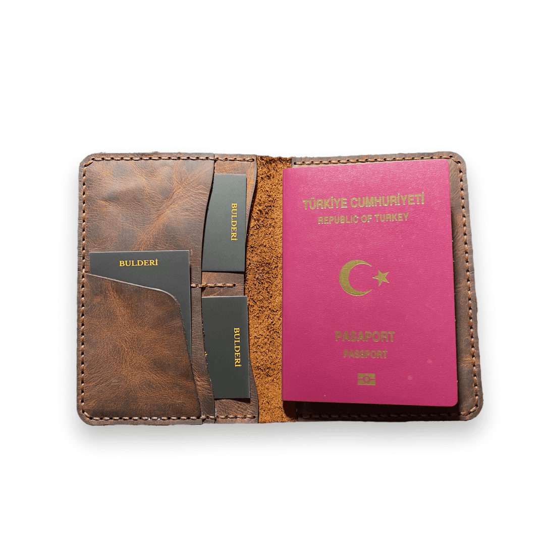 Kahve - Hakiki Deri Pasaport Kılıfı/Kabı ve Valiz Etiketi - Bulderi